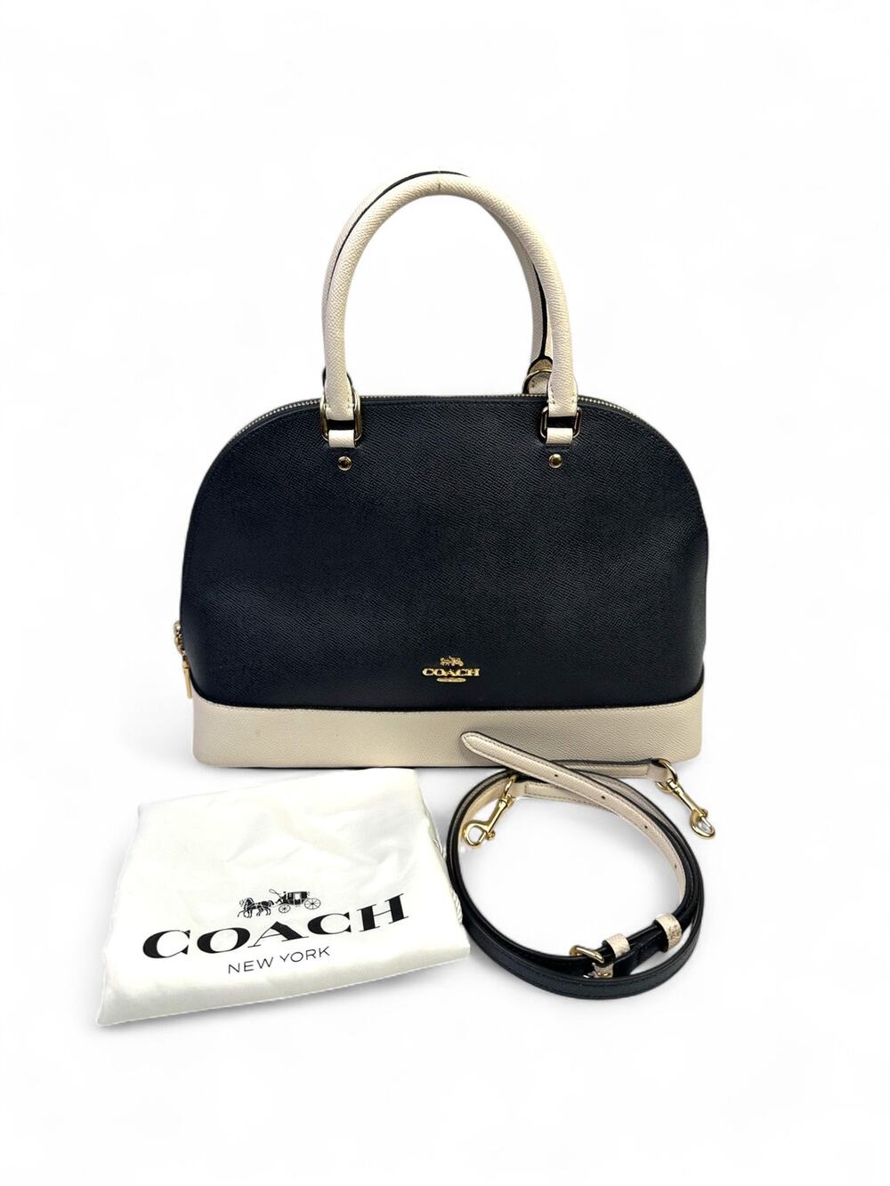 Coach Cora Domed Satchel Black Chalk Crossgrain Leather Crossbody Bag Dust Bag